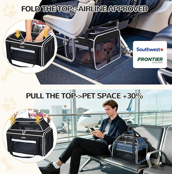 Lekereise Top-Expandable Pet Carrier 18x13x9.5 Inch Southwest Frontier Airline Approved Soft Sided Underseat to 15lbs Travel Carriers for Small Cats Dogs with Locking Safety Zippers Anti-Scratch Mesh