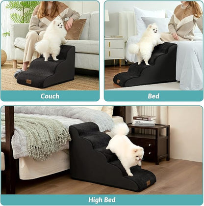 Dog Stairs for Small Dogs 19.7" H, Curved Dog Step for Puppy, Older or Cat, Medium Pet Ramp for Sofa, Couch or Bed, Ladder with High Density Foam, 4 Step, 15.7x28.3x19.7 inch, Black