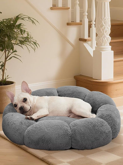OhGeni 27 inches Calming Donut Dog & Cat Bed for Medium Pets, Warming Comfort Fluffy Short Pile Fur, Durable Machine Washable, Cute Round Bed for Puppy and Kitten, Dark Gray