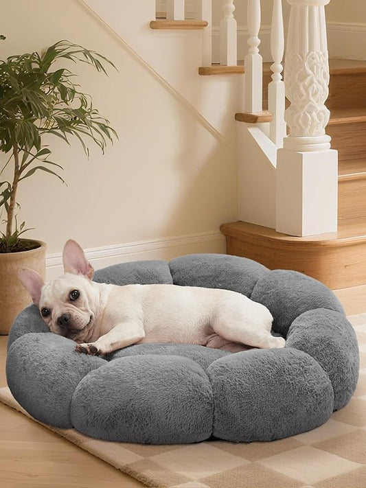 OhGeni 27 inches Calming Donut Dog & Cat Bed for Medium Pets, Warming Comfort Fluffy Short Pile Fur, Durable Machine Washable, Cute Round Bed for Puppy and Kitten, Dark Gray