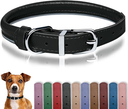 OOPSDOGGY Rolled Leather Dog Collar Reflective Roll Collars for Small Medium Large Dogs Puppy (Black, XL, 17'' - 21'')