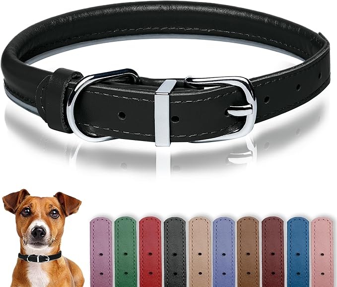 OOPSDOGGY Rolled Leather Dog Collar Reflective Roll Collars for Small Medium Large Dogs Puppy (Black, XXL, 20'' - 24'')