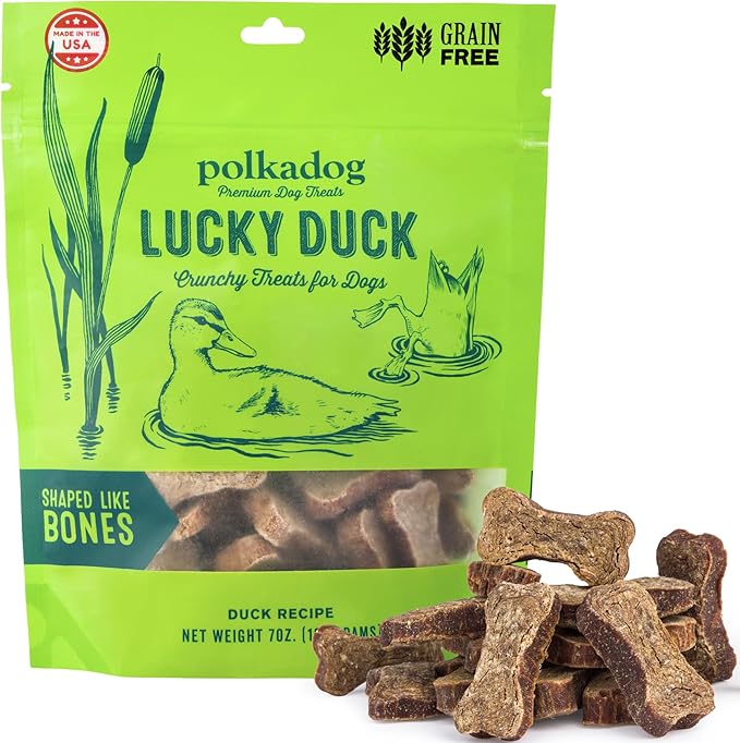 Polkadog Lucky Duck Bone-Shaped Dog Treats, Cat Snacks – All-Natural Pet Treats for Kittens, Puppies – Bite-Sized, Crunchy Snack for Dogs, Cats – 2 Ingredients – 7oz