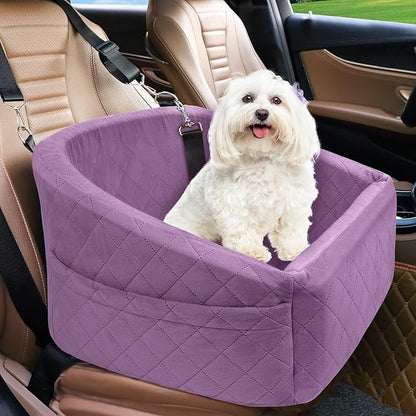 NEEZUKAR Dog Car Seat for Small Medium Dogs,Detachable Washable Dog Booster Seat Under 30lbs, Pet Car Seats Travel Bed with Storage Pockets and Safety Belt (Purple)