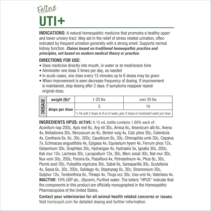 HomeoPet Feline UTI+, Safe and Natural Urinary Tract Supplement for Cats, Feline Urinary Tract Support, 15 Milliliters