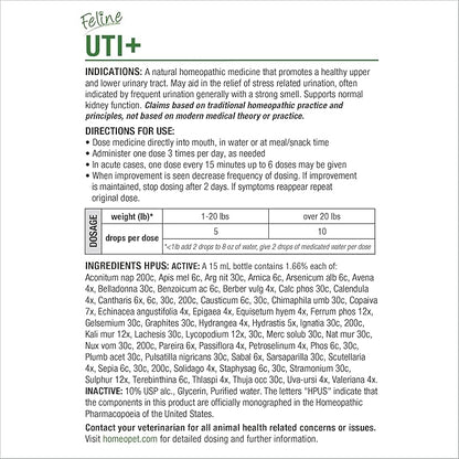 HomeoPet Feline UTI+, Safe and Natural Urinary Tract Supplement for Cats, Feline Urinary Tract Support, 15 Milliliters