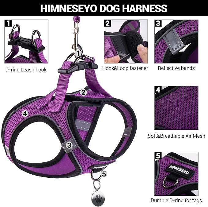 Dog Harness and Leash Set, Dog Harness for Dogs No Pull, No-Chock Step-in Reflective Breathable Lightweight Easy Walk Vest Harnesses with Safety Buckle for Small Medium Dogs, Cats (Purple, L)