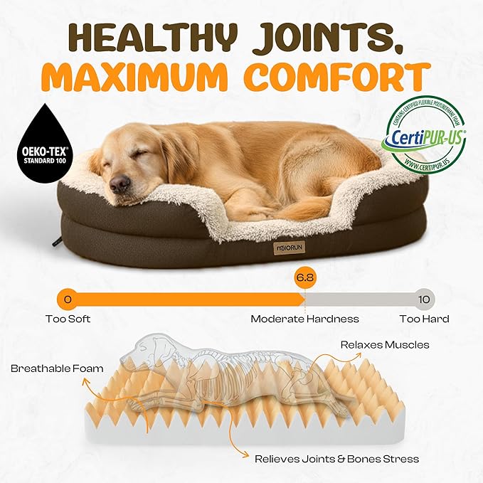 Miorun Fluffy Orthopedic Dog Bed for Extra Large Dogs, Calming Plush Sofa Bed with Curved Bolster Support and Egg-Crate Foam Base, 48" Cozy Oval Pet Donut Bed with Washable Cover, Coffee