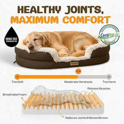 Miorun Fluffy Orthopedic Dog Bed for Medium & Large Dogs, Calming Plush Sofa Bed with Curved Bolster Support and Egg-Crate Foam Base, 43" Cozy Oval Pet Donut Bed with Washable Cover, Coffee