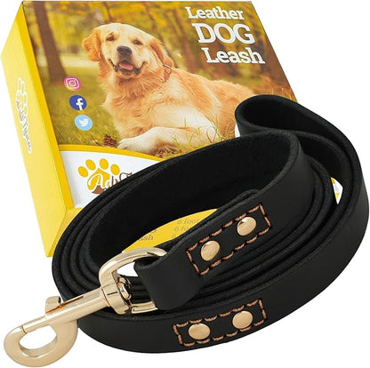 Leather Dog Leash 6 ft x 3/4 inch - Soft, Strong, Heavy Duty for Large & Medium Breeds - Dog Lead for Training (Black - Gold Colored Clasp, L - 6 ft x 3/4 inch)