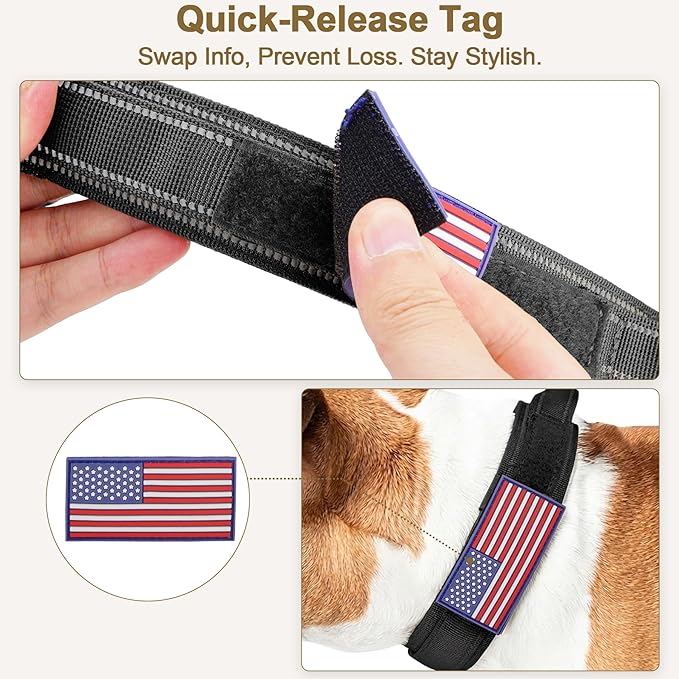 KCUCOP Heavy Duty Tactical Dog Collar and Leash Set, Military Training Nylon Reflective Collar with Handle Metal Buckle for Medium Large Dogs, Black, L (1 Patch Included)