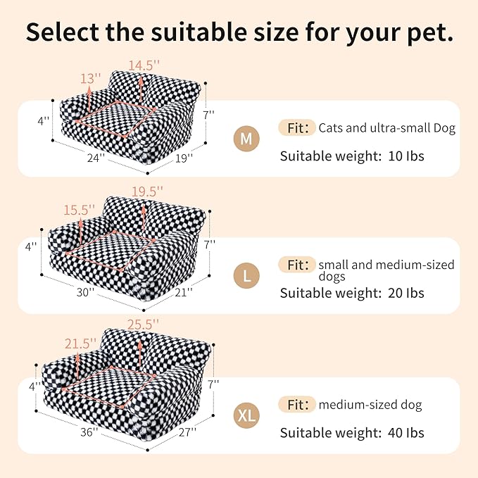 Faux Fur Cat & Dog Sofa Cat Couch Mini Cat Bed Indoor Human Style Pet Sofa, Modern Pet Furniture for Cats, Washable ＆ Removable Cover, for Cats and Small Medium Dogs (Black/White, Medium(24X19 inch))