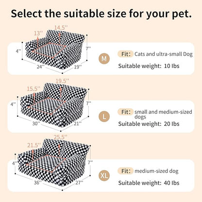 Faux Fur Cat & Dog Sofa Cat Couch Mini Cat Bed Indoor Human Style Pet Sofa, Modern Pet Furniture for Cats, Washable ＆ Removable Cover, for Cats and Small Medium Dogs (Black/White, Large(30X21 inch))