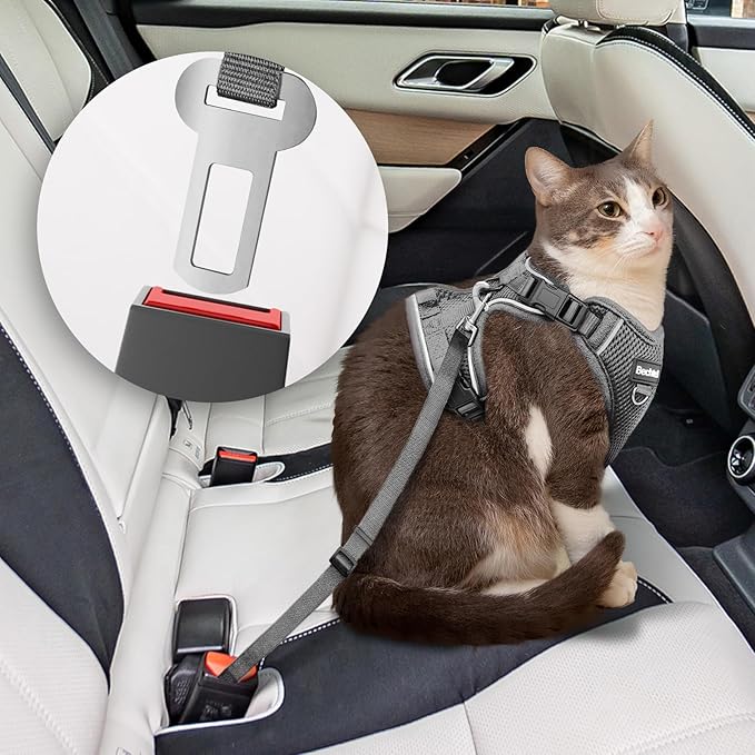 Cat Harness and Leash Set for Walking Escape Proof, Adjustable Soft Kittens Vest with Reflective Strip for Cats, Comfortable Outdoor Vest, Cat Car Leash, Grey, S