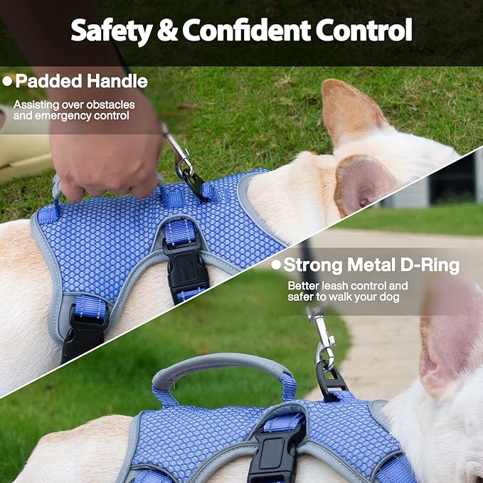 Huntboo Escape Proof Dog Harness, Escape Artist Harness, Reflective Dog Harness with Handle, Durable,Adjustable Vest for Small Medium Large Dogs Walking, Training, and Running Gear(Technicolor Blue,M)