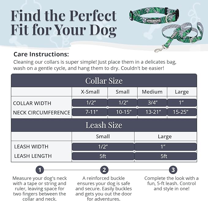 Lucky Love Dog Collar and Leash Set, Beautiful & Vivid Patterns, Easy On & Off Clasp Accessory (Blue Laguna, S Combo)