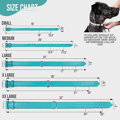 Riparo Adjustable Leather Dog Collar - Heavy Duty Wide Dog Collar for Small, Medium, Large and Extra Large Dogs with Dog Tag Holder (L: 1.5" Wide for 17"-21" Neck, Aqua)
