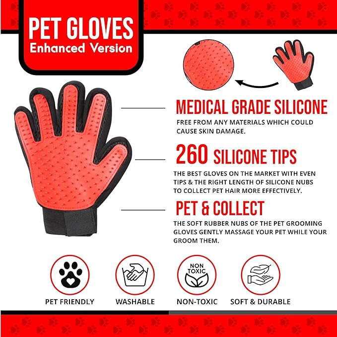 Pet Grooming Gloves – 1 Pair – Deshedding & Bath Massage Mitts for Dogs & Cats – Choose from 5 Colors – Adjustable, Reusable & Easy to Clean (Red)