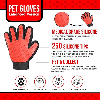 Pet Grooming Gloves – 1 Pair – Deshedding & Bath Massage Mitts for Dogs & Cats – Choose from 5 Colors – Adjustable, Reusable & Easy to Clean (Red)