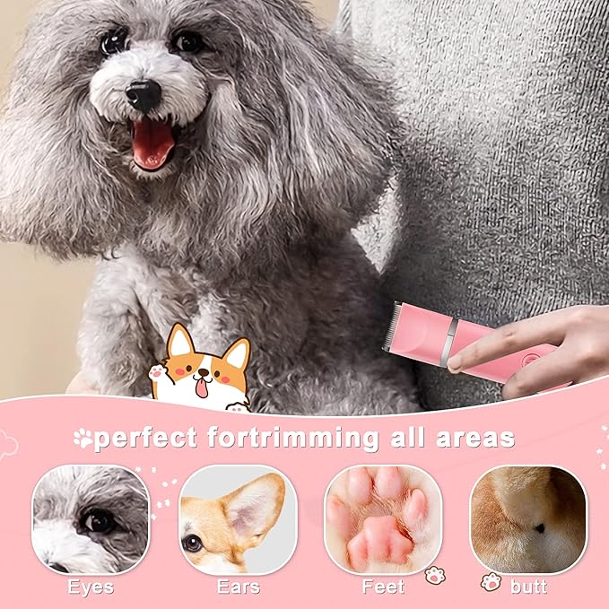 Veeconn Dog Grooming Clippers Kit-Electric Rechargeable Cat Trimmer Tools-Cordless Quiet Pet Nail Paw Grinder-4 in 1 Multifunctional Low Noise Shaver-Razor for feet Face Ears Toenail Eye（Pink）