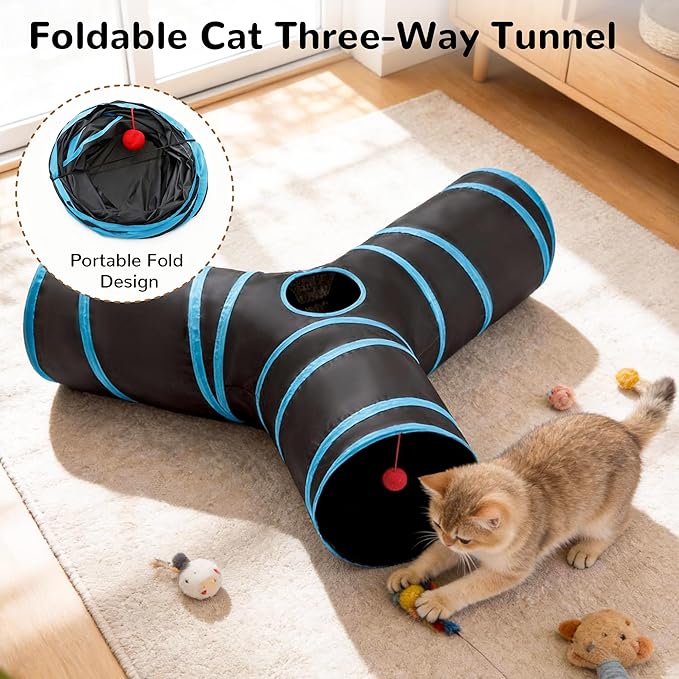 Tempcore Pet Tunnel Tube Cat Toys 3 Way Collapsible, Cat Tunnels for Indoor Cats，Kitty Tunnel Bored Cat Pet Toys Peek Hole Toy Ball, Puppy, Kitty, Kitten, Rabbit Blue Large Size
