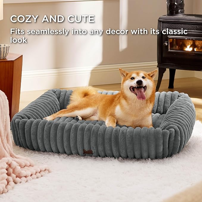Bedsure ComfyFleece Cute Dog Bed for Large Dogs - Washable Furry Puppy Beds, Rectangle Orthopedic Corduroy Fleece Pet Beds with Removable Zipper Cover, 36x27x8inches, Warm Grey
