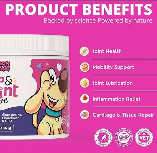 Hip & Joint Supplement for Dogs – Glucosamine, Chondroitin, MSM, Turmeric & Hemp Oil – Natural Mobility & Pain Relief Soft Chews – Beef Flavor – 90 Count – Made in USA