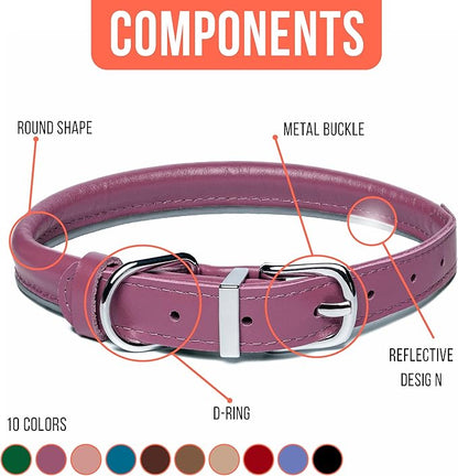 OOPSDOGGY Rolled Leather Dog Collar Reflective Roll Collars for Small Medium Large Dogs Puppy (Fuchsia, XS, 8''- 11'')