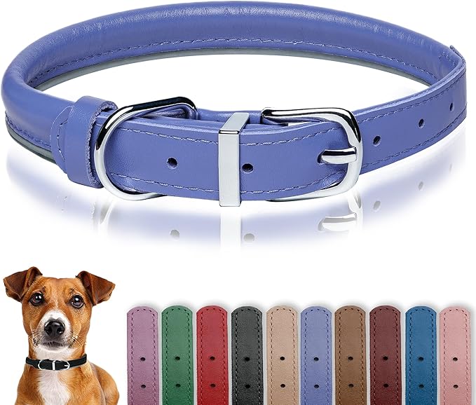 OOPSDOGGY Rolled Leather Dog Collar Reflective Roll Collars for Small Medium Large Dogs Puppy (Blue, XXS, 7''- 9'')