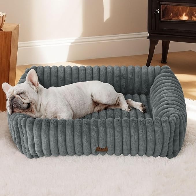 Bedsure ComfyFleece Washable Dog Bed for Medium Dogs - Cute Furry Puppy Beds, Rectangle Orthopedic Corduroy Fleece Pet Beds with Removable Zipper Cover, 30x24x8inches, Warm Grey