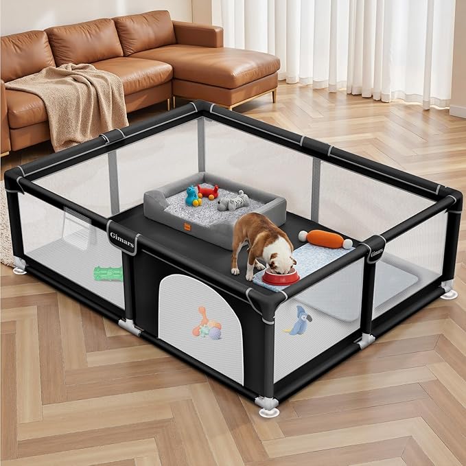 71x59x26 Inches Puppy Playpen with Gate, Dog Playpen for Puppies or Small Dogs, Sturdy Safety Dog Fence Pet Playpen with Thickened Fabric, High-Strength Nylon Wire Mesh for Indoor & Outdoor,Washable