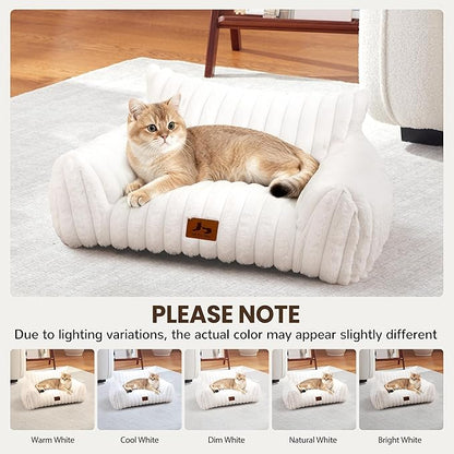 Warmrest Cat Couch for Pets, Cute Cat Bed with Cozy Soft Faux Rabbit Fur for Kitten, Fuzzy Cats Sofa for Indoor Cats, Supportive Pet Sofa with Removable Washable Cover, Cream, 24"