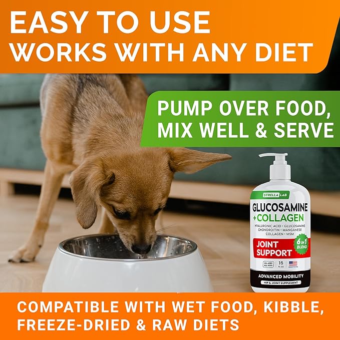 STRELLALAB Liquid Glucosamine for Dogs w/Collagen (16 OZ) - All-Natural Hip & Joint Supplement, Glucosamine Chondroitin for Dogs, MSM & Collagen for Dogs Mobility, Joint Pain Relief for Small & Large