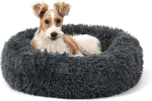 NOYAL Calming Donut Dog Bed for Small to Medium Dogs & Cats - Plush Faux Fur Anti-Anxiety Pet Bed with Machine Washable Cover & Non-Slip Base