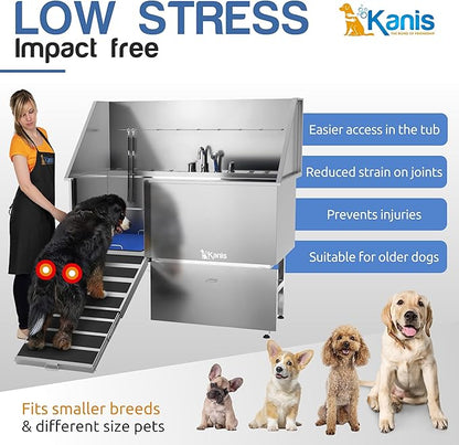 KANIS 61" Professional Stainless Steel Dog Bathing Station, Left RAMP + 49" Professional Electric Dog Grooming Table, White