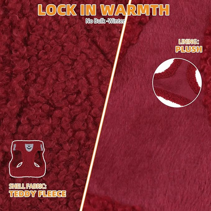 KOOLTAIL Christmas Plush Small Dog Harness and Leash Set, Warm Fleece No Pull Puppy Vest for Winter, Lightweight Reflective Step in Pet Harness for Medium Sized Dogs Boy Girl Outdoor Walking, Red M