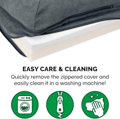 Furhaven Memory Foam Dog Bed for Medium/Small Dogs w/ Removable Bolsters & Washable Cover, For Dogs Up to 35 lbs - Two-Tone Plush Faux Fur & Suede L Shaped Chaise - Stone Gray, Medium