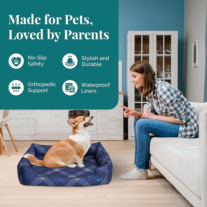 Pupstilo Orthopedic Bolster Dog Bed – CertiPUR-US Foam, Recycled Polyester Canvas, Washable Cover, Anti-Slip Bottom, Large, Navy Plaid – Stylish Designer Dog Sofa