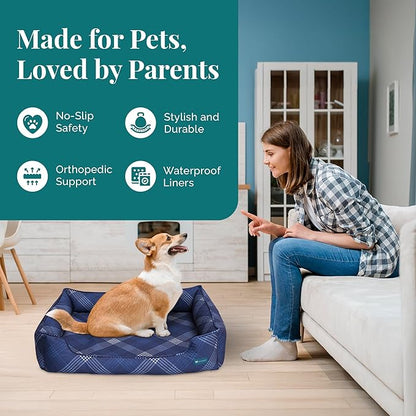 Pupstilo Orthopedic Bolster Dog Bed – CertiPUR-US Foam, Recycled Polyester Canvas, Washable Cover, Anti-Slip Bottom, Small, Navy Plaid – Stylish Designer Dog Sofa
