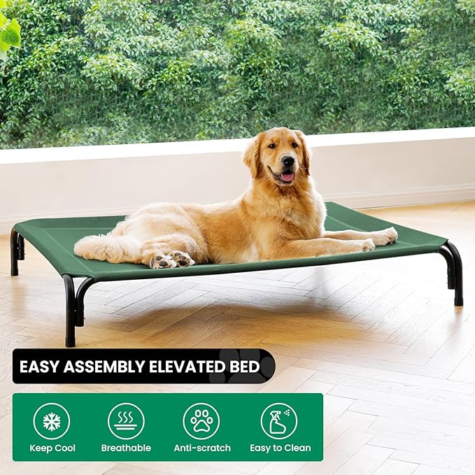 Elevated Dog Bed Raised Outdoor Dog Cot for Extra Large Dogs, Installation Requires No Tools, Frame with Washable Cooling Breathable Mesh Anti-Slip Feet, Indoor Pet Bed, Green, 48.8 Inches