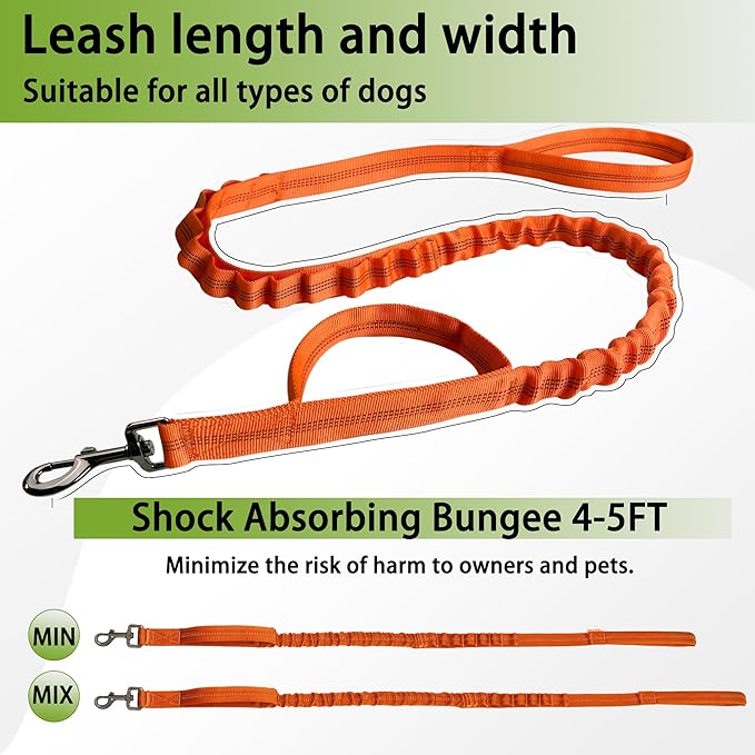Reflective Heavy-Duty Dog Leash Adjustable 4–5 ft Shock-Absorbing Leash with Padded Handle & Traffic Handle, Equipped with 360° Tangle-Free Metal Clasp, Suitable for All Dog Sizes (Orange)