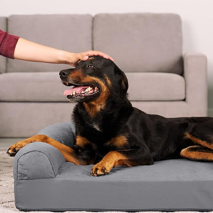 Furhaven Orthopedic Dog Bed for Large Dogs w/ Removable Bolsters & Washable Cover, For Dogs Up to 95 lbs - Pinsonic Quilted Paw L Shaped Chaise - Titanium, Jumbo/XL