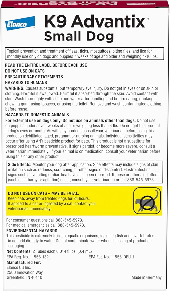 K9 Advantix Flea, Tick & Mosquito Prevention for Dogs 4-10 lbs. | Flea Drops for Small Dogs | Apply Monthly | 6 Treatments (Pack of 3)