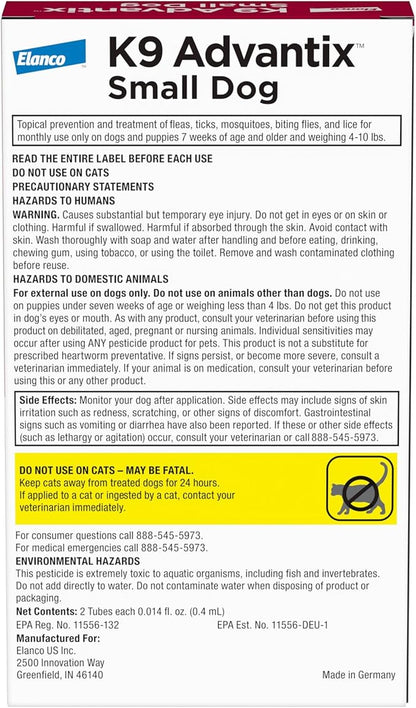 K9 Advantix Flea, Tick & Mosquito Prevention for Dogs 4-10 lbs. | Flea Drops for Small Dogs | Apply Monthly | 6 Treatments (Pack of 3)