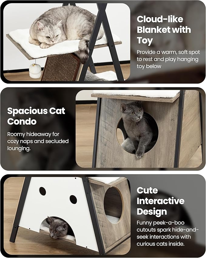 Modern Wood Cat Tree Tower for Indoor Cats Large Adult - 67 Inch Tall Multi-Level Heavy Duty Cat Condo Trees Furniture with Caves Perch Bed Scratching Board - XL Big Sturdy Wooden Kitty Climbing House