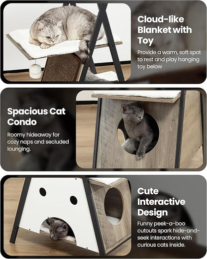 Modern Wood Cat Tree Tower for Indoor Cats Large Adult - 67 Inch Tall Multi-Level Heavy Duty Cat Condo Trees Furniture with Caves Perch Bed Scratching Board - XL Big Sturdy Wooden Kitty Climbing House