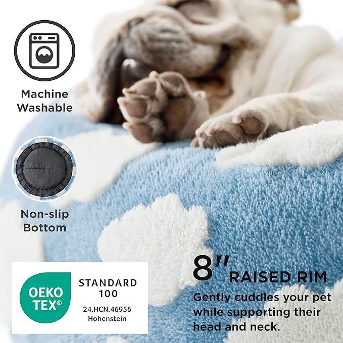 Lesure Shown on TV Donut Dog Beds Large Sized Dog - Round Pet Beds for Calming Puppy with Washable Cover, Orthopedic Modern Home Decor Beds with Jacquard Shaggy Plush & Anti Slip Bottom, 33 Inch，Blue