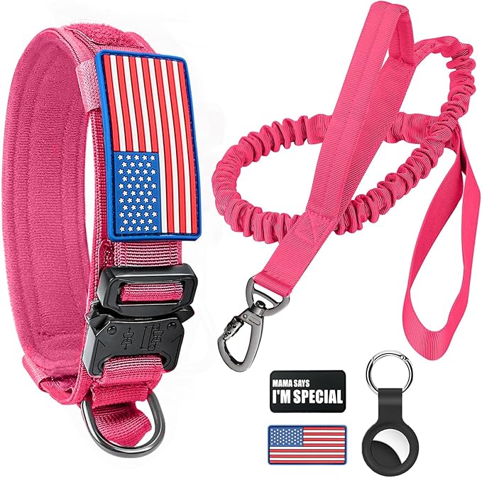 Tactical Dog Collar and Bungee Leash,Military Dog Collar & Leash Set with USA American Flag Adjustable K9 Collar with Heavy Duty Metal Buckle & Handle,with Patches and Airtags Case (Pink, M)