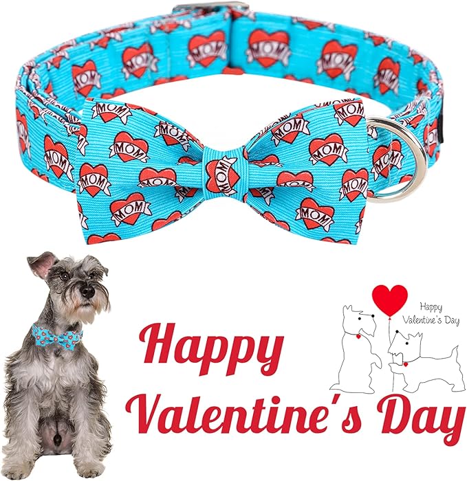 Unique style paws Valentine's Day Dog Collar with Bow Tie Blue Heart Puppy Collar Best Gift for Small Medium Large Boys Girls-XL
