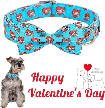 Unique style paws Valentine's Day Dog Collar with Bow Tie Blue Heart Puppy Collar Best Gift for Small Medium Large Boys Girls-L